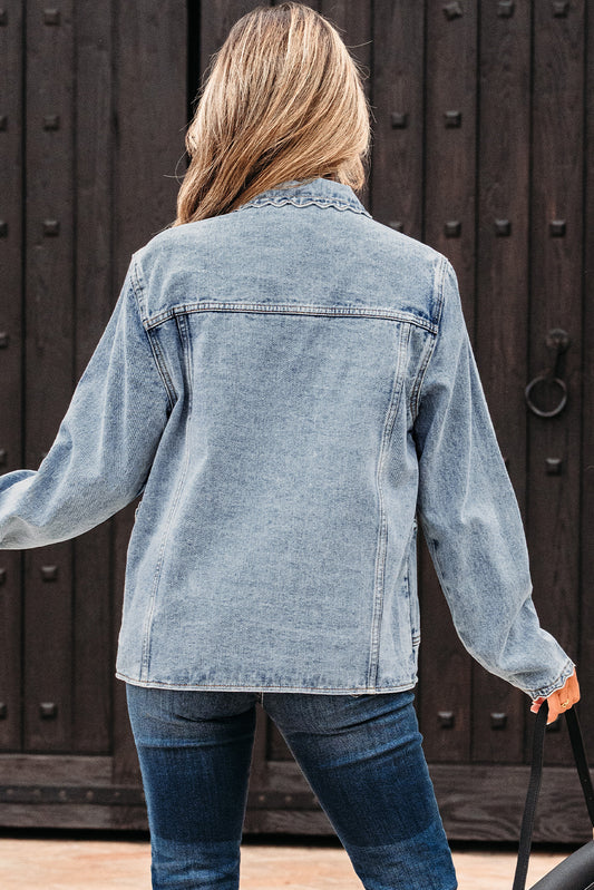 Myosotis Scallop Trim Collar Patched Pocket Button Up Denim Jacket