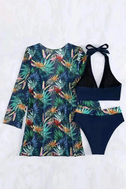 Black 3pcs Tropical Contrast Trim Halter Bikini Set with Cover up - Chic Meadow Boutique