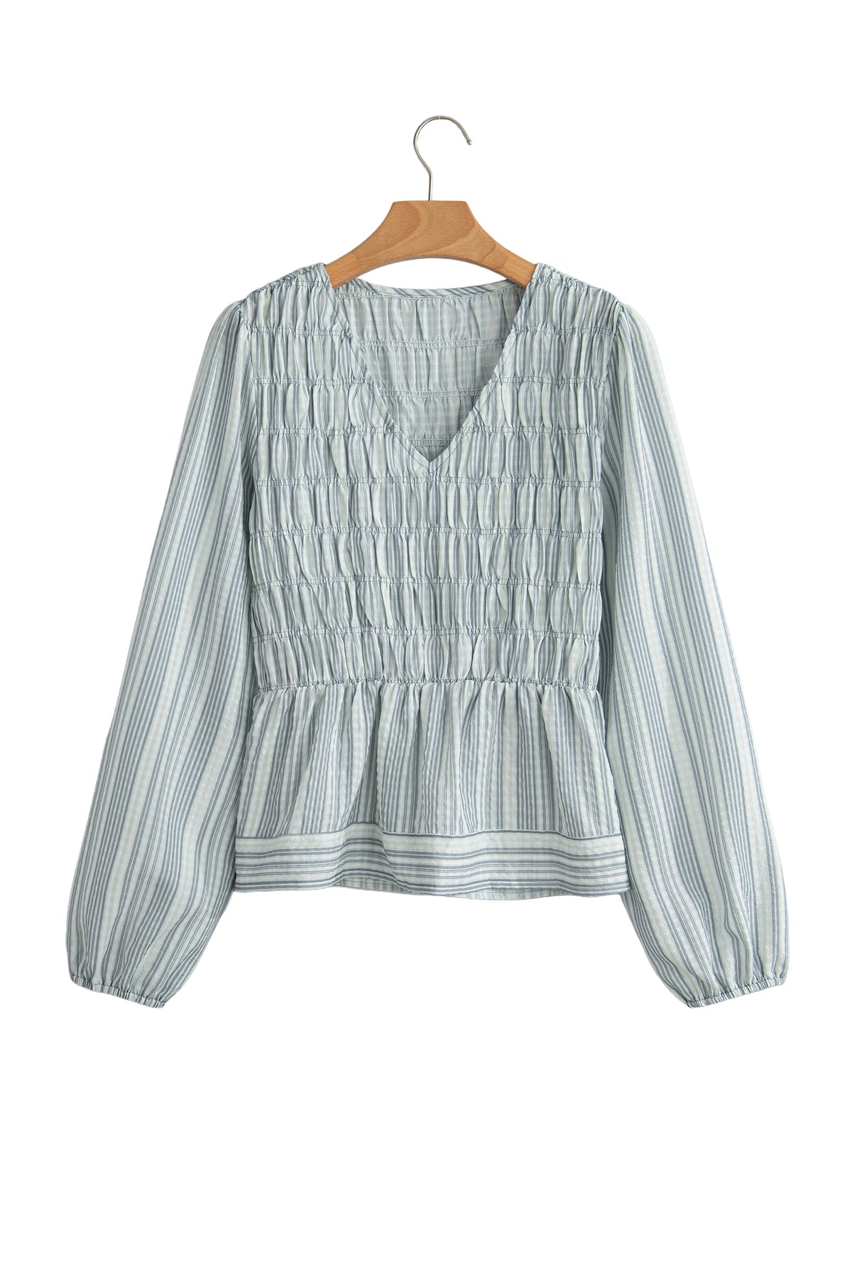 Blue Stripe V Neck Shirred Long Sleeve Blouse