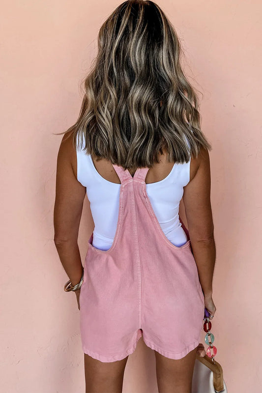 Pink Solid Color Knot Straps Denim Romper with Pockets - Chic Meadow Boutique