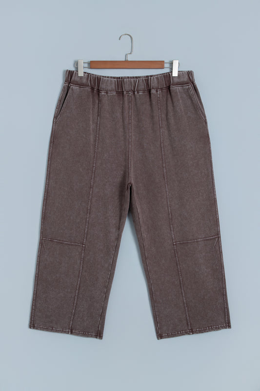 Coffee Mineral Wash Elastic Waistband Plus Size Barrel Pants