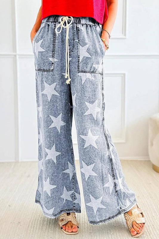 Bottoms/Jeans Light Blue Star Print Light Wash Drawstring High Waist Wide Leg Jeans