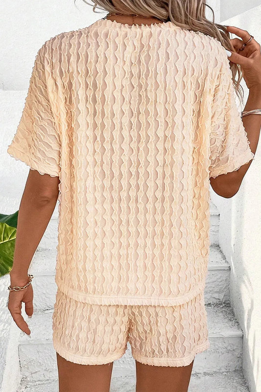 Beige Frill Textured Short Sleeve Top and Drawstring Shorts Set - Chic Meadow Boutique
