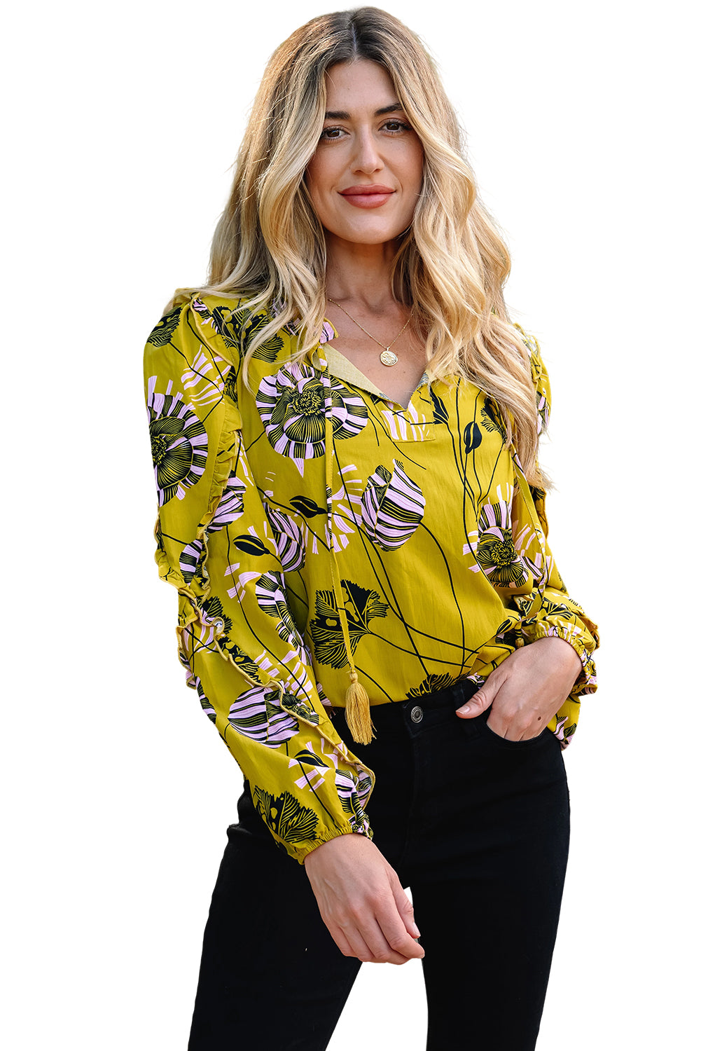 Yellow Vintage Floral V Neck Ruffle Trim Long Sleeve Blouse