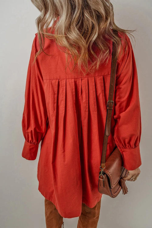 Dresses/Mini Dresses Tomato Red Bishop Sleeve Button Up Pleated Mini Shirt Dress