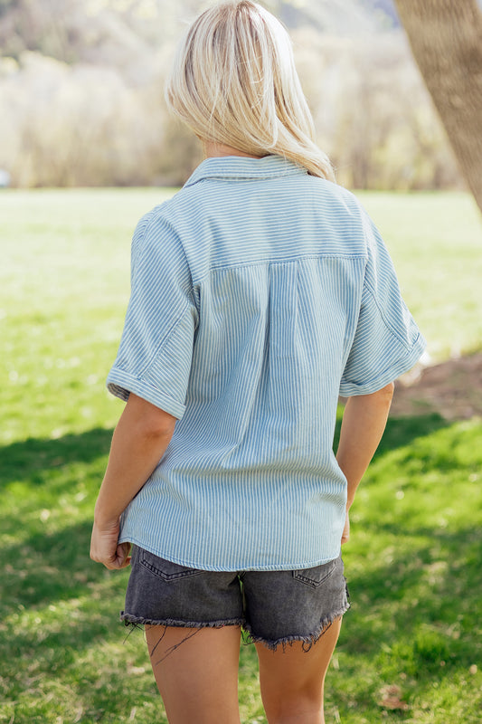 Sky Blue Stripe Cuffed Short Sleeve Button up Loose Shirt