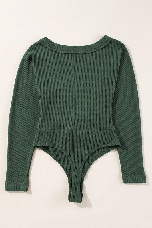 Blackish Green Ribbed Knit Slim Fit Wrap V Neck Bodysuit - Chic Meadow Boutique