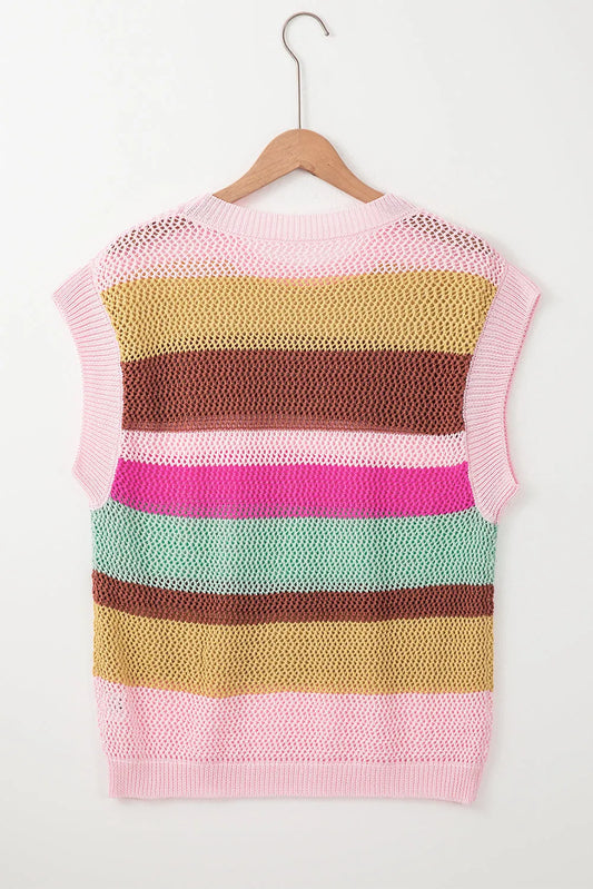 Pink Stripe Crochet Cap Sleeve Loose Fit Sweater T Shirt - Chic Meadow Boutique
