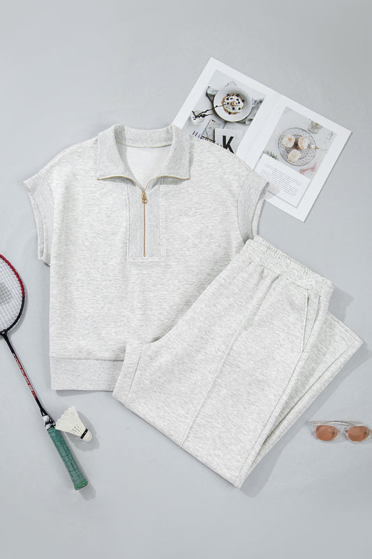 Light Grey Half Zip Polo Tee Loose Pants Plus Size 2pcs Outfit