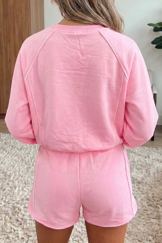 Pink Piping Trim Long Sporty Pullover Drawstring Elastic Waist Shorts Set