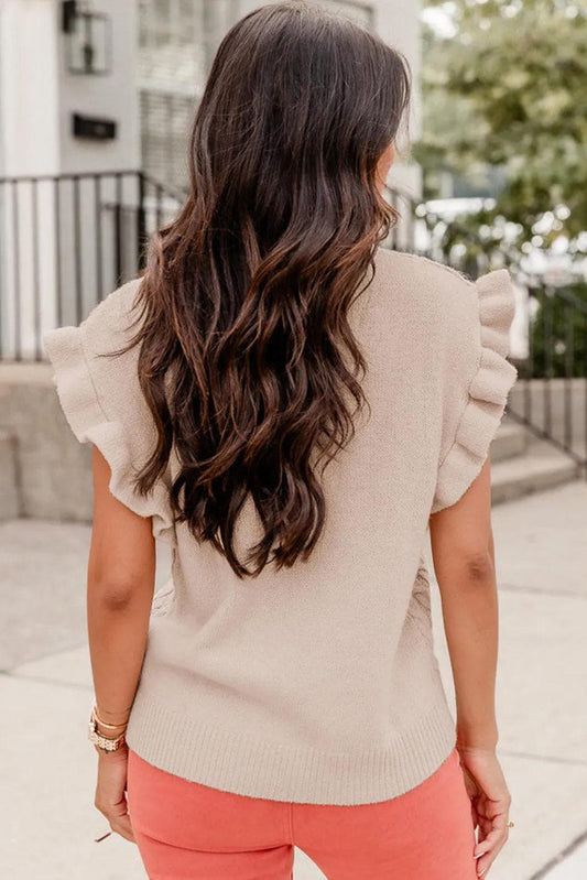 Plus Size/Plus Size Sweaters & Cardigans Oatmeal Plus Cable Knit Short Ruffled Sleeve Mock Neck Sweater