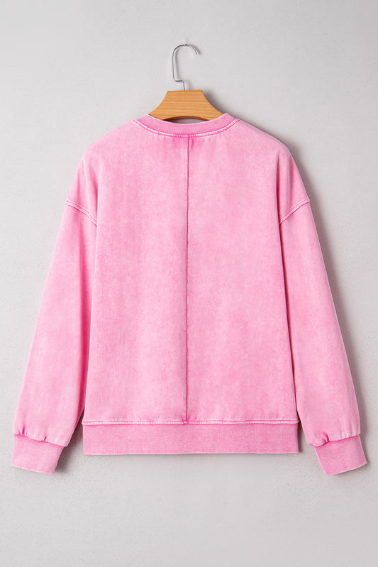 Bright Pink Mineral Wash Crossed Crew Neck Drop Shoulder Loose Sweatshirt