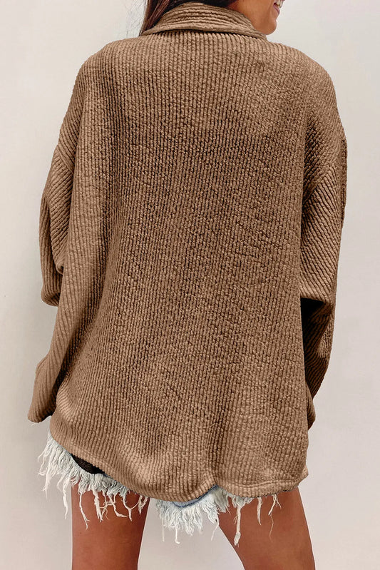 Dark Khaki Solid Color Corduroy Buttoned Long Sleeve Shacket - Chic Meadow Boutique