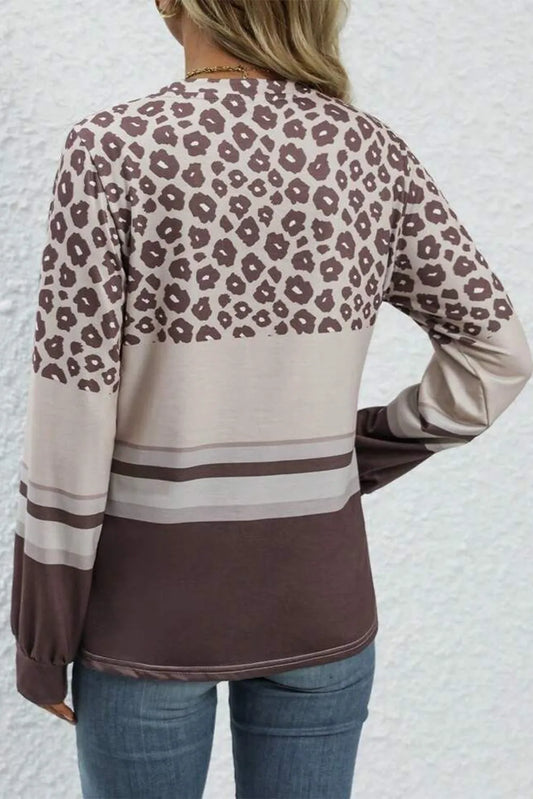 Brown Leopard Color Block Crewneck Long Sleeve Top - Chic Meadow Boutique