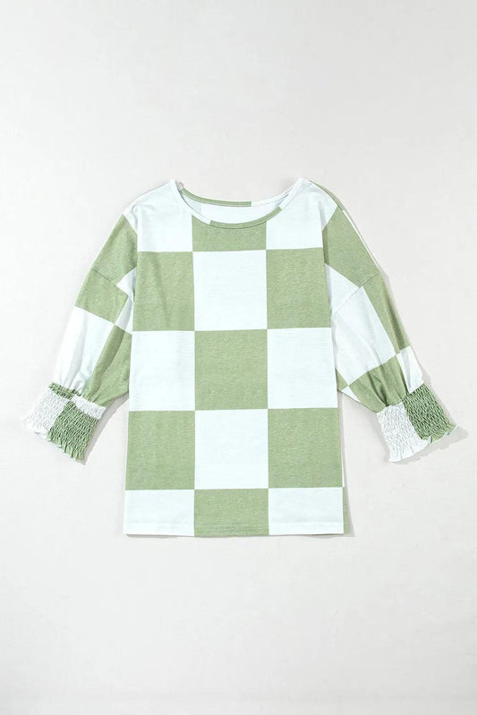 Tops/Blouses & Shirts Grass Green Mix Checkered Print Shirred Cuffs Blouse