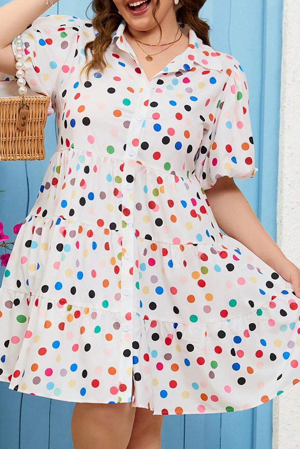 White Polka Dot Print Bubble Sleeve Button Up Plus Size Shirt