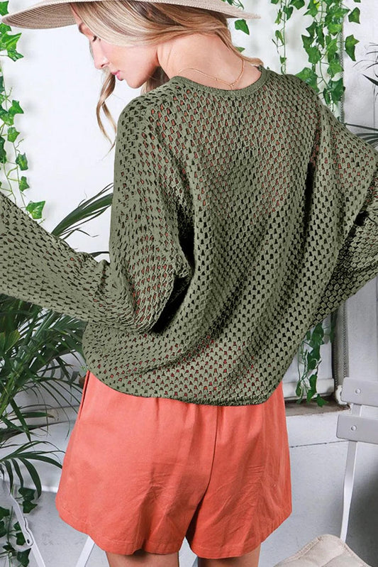 Sweaters & Cardigans/Sweaters Vineyard Green Open Knit Buttoned Neck Split Sleeve Sweater