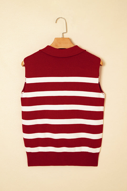 Red Stripe Collared Split Neck Sweater Vest