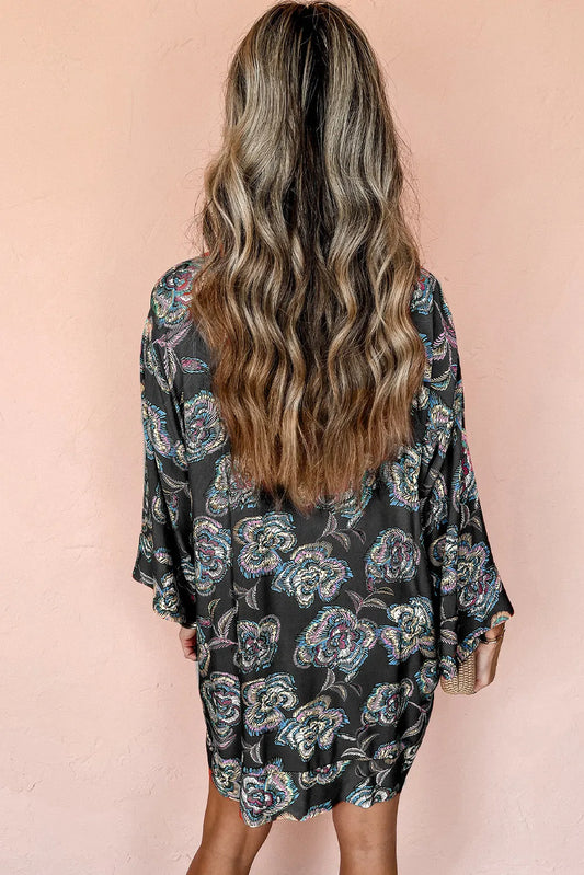 Black Floral Print Lapel Collar Loose Shirt Mini Dress - Chic Meadow Boutique