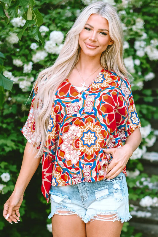 Red Floral Print Batwing Sleeve V Neck Blouse - Chic Meadow Boutique
