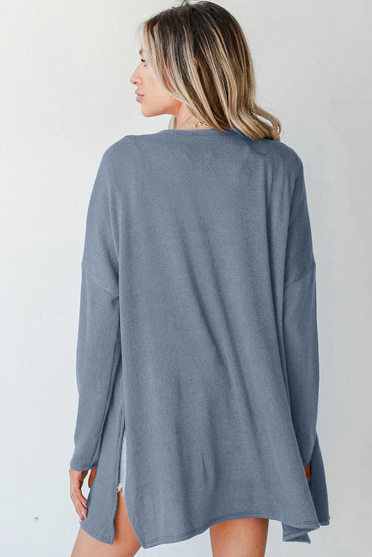 Ashleigh Blue Solid Color Rib Knit Open Front Tunic Cardigan - Chic Meadow Boutique