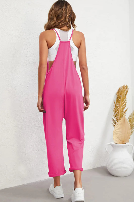 Rose Red Black Pocketed Adjustable Spaghetti Strap Straight Leg Jumpsuit - Chic Meadow Boutique