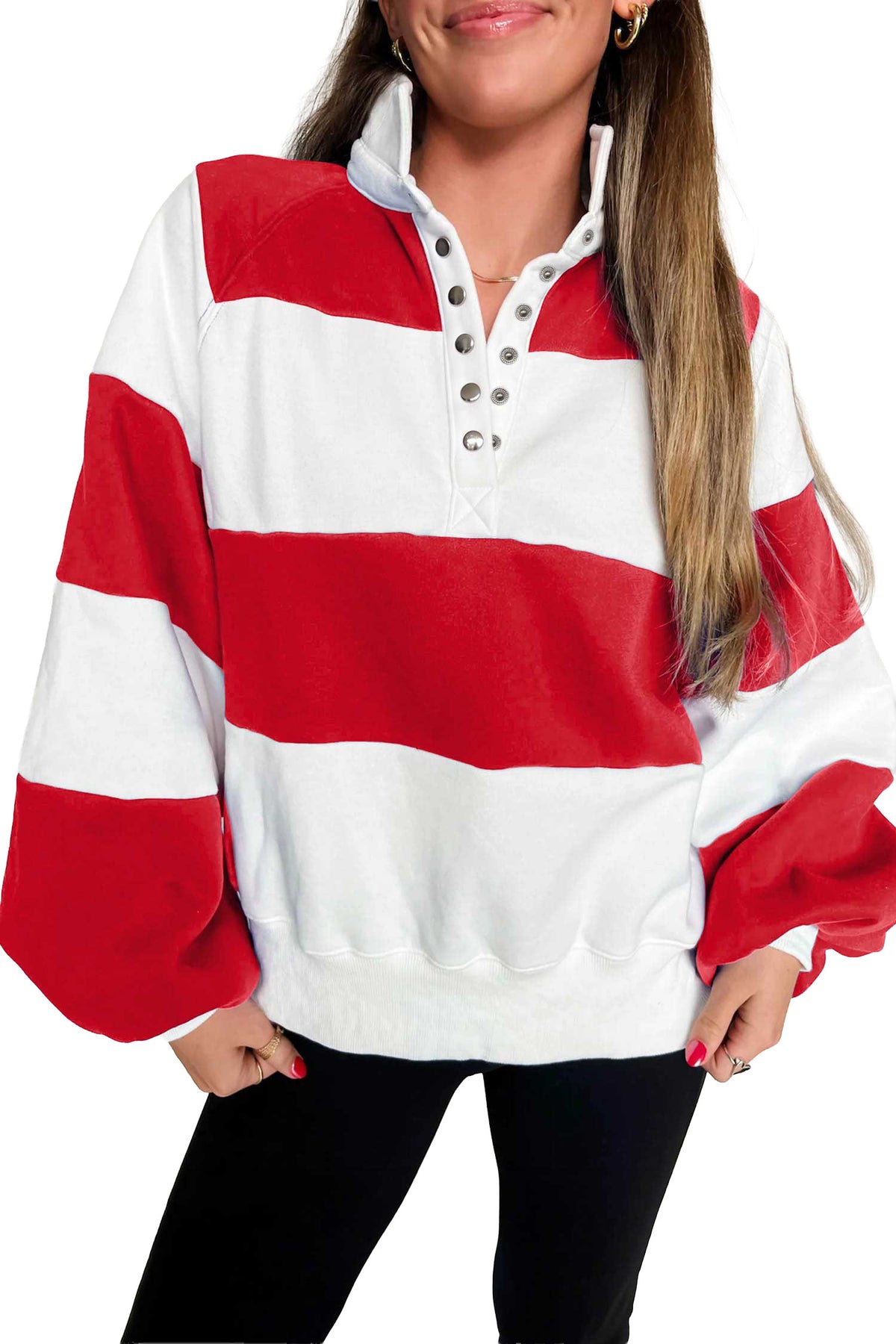 Fiery Red Striped Color Block Button V Neck Puff Sleeve Casual Sweatshirt
