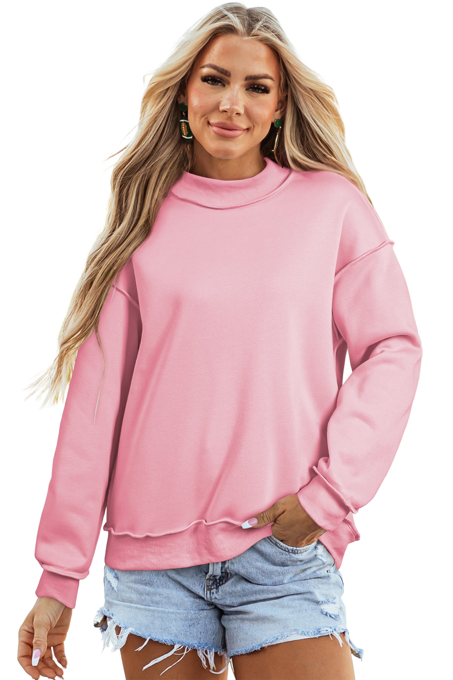 Light Pink Oversize Drop Shoulder Reversible Mock Neck Sweatshirt