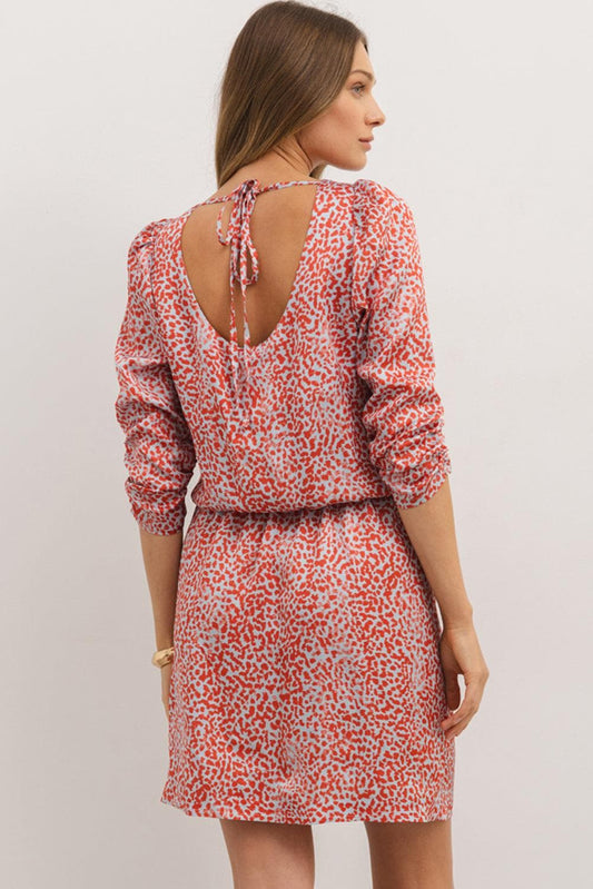 Dresses/Mini Dresses Tomato Red Leopard Print Long Sleeve Hollowed Back Split Mini Dress