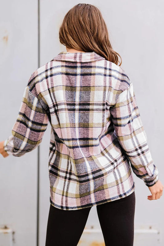 Outerwear/Jackets Pink Geometric Plaid Print Pocketed Shacket