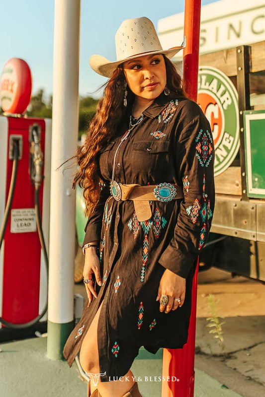 Black Button Down Embroidered Aztec Collared Dress