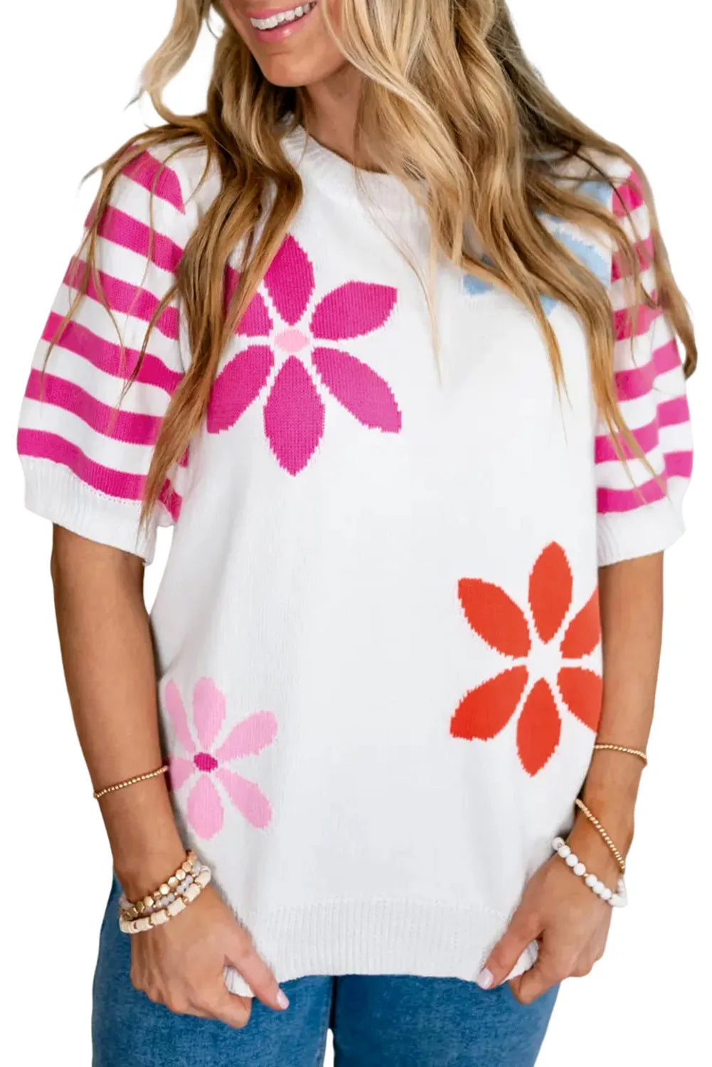 White Floral Pattern Striped Sleeve Sweater T Shirt - Chic Meadow Boutique