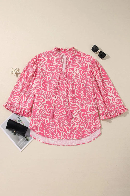 Plus Size/Plus Size Tops/Plus Size Blouses & Shirts Pink Plus Size Floral Print Frilled Neck Puff Sleeve Top