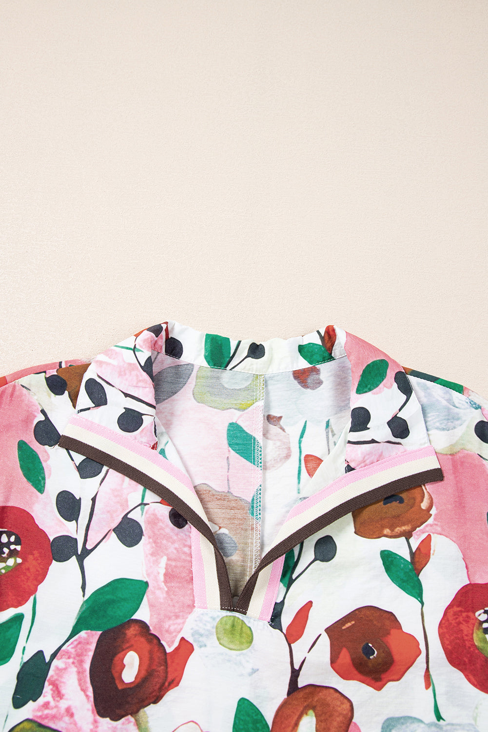 Pink Floral Print Slit V Neck Short Sleeve Blouse