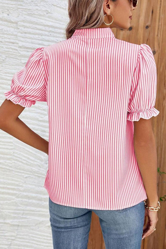 Pink Stripe Notched Neck Frilled Short Puff Sleeve Blouse