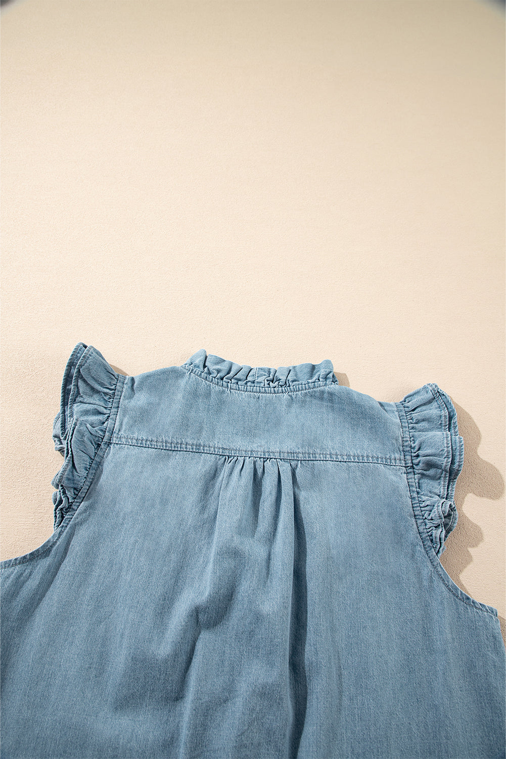 Beau Blue Frilly Ruffle Trim V Neck Chambray Tank Top