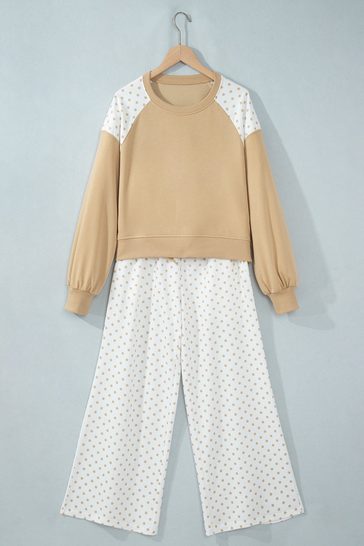 Khaki Polka Dot Patchwork Colorblock Long Sleeve Casual Two Piece Pants Set