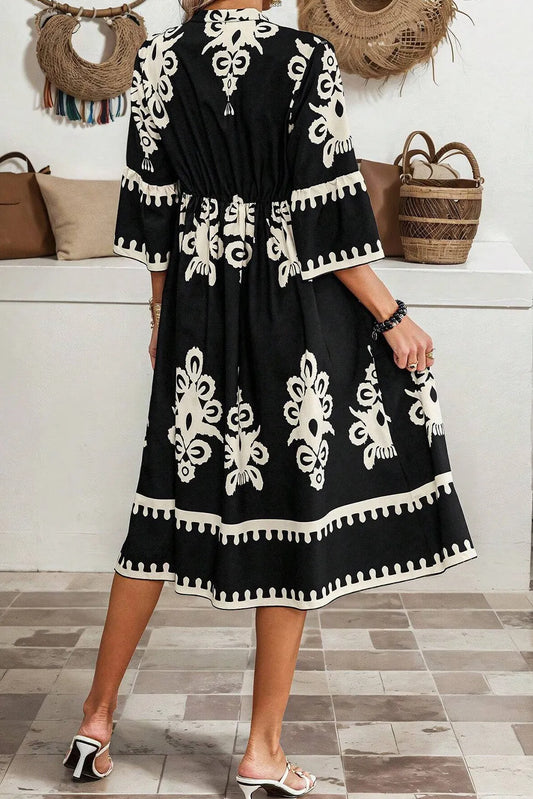 Black Western Geometric Print 3/4 Sleeve Loose Midi Dress - Chic Meadow Boutique