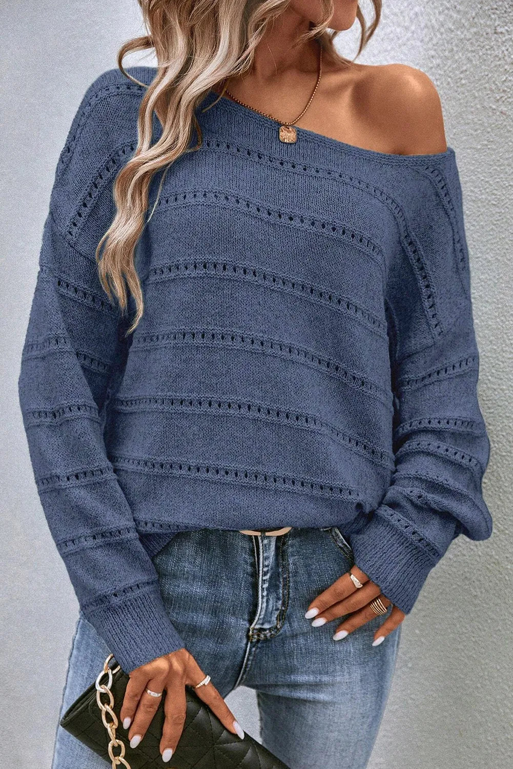 Real Teal Boat Neck Drop Shoulder Pointelle Knit Sweater - Chic Meadow Boutique