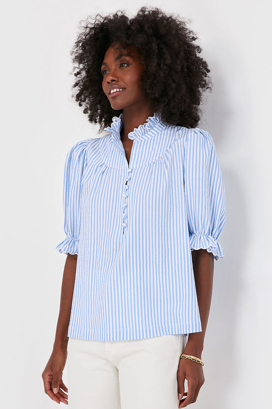 Sky Blue Stripe Ruffled Collar Puff Sleeve Half Buttons Blouse