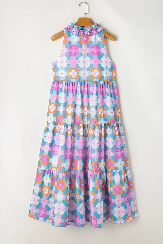 Sky Blue Floral Print Frilly Neck Sleeveless Tiered Maxi Dress - Chic Meadow Boutique