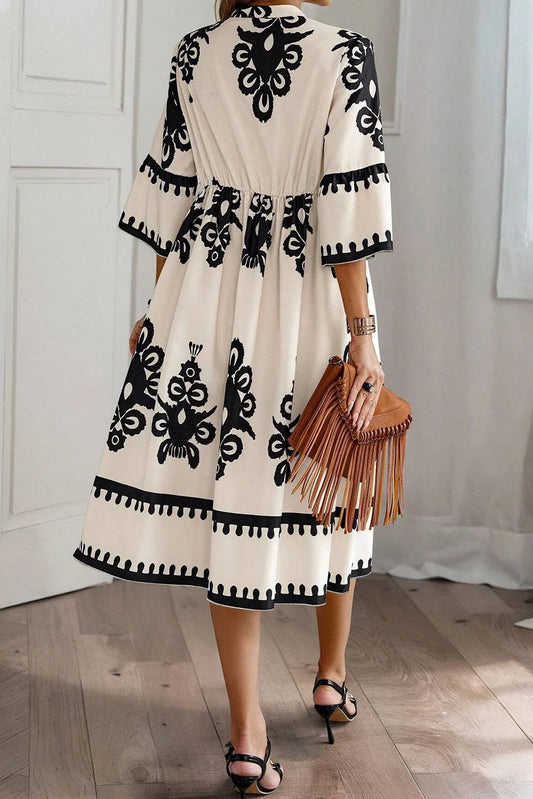 Beige Western Geometric Print 3/4 Sleeve Loose Midi Dress - Chic Meadow Boutique
