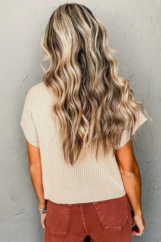 Tops/Short Sleeve Sweaters Oatmeal Patch Pocket Ribbed Knit Short Sleeve Sweater