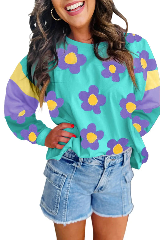 Sky Blue Floral Color Block Long Sleeve Loose Top - Chic Meadow Boutique