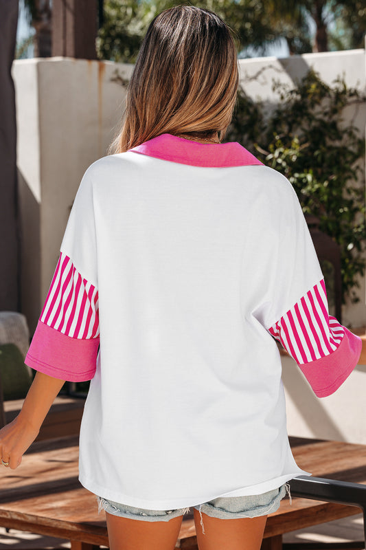 White Striped Color Block Patchwork Polo Collar Half Sleeve T Shirt