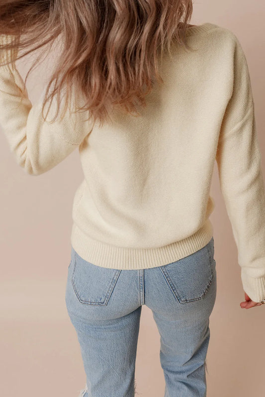 Beige Knitted Flower Pattern Ribbed Edge Sweater - Chic Meadow Boutique