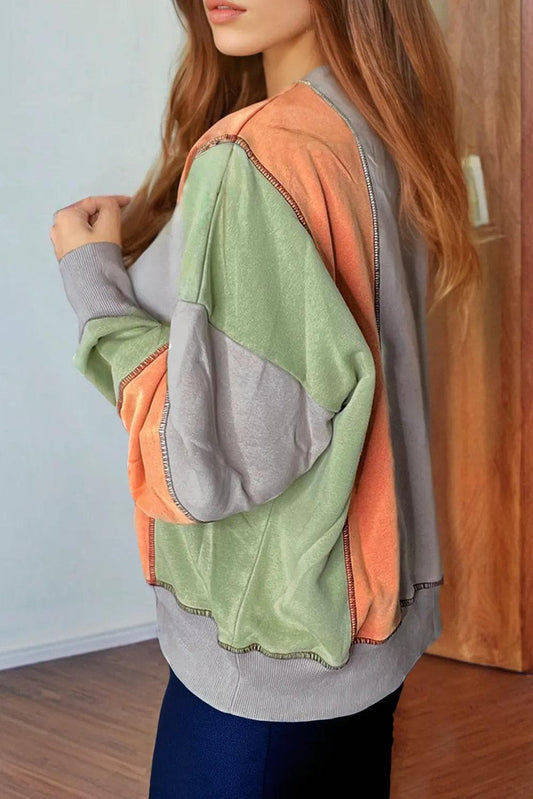 Tops/Sweatshirts & Hoodies Light Grey Color Block Stitching Detail Half Zipper Sweatshirt