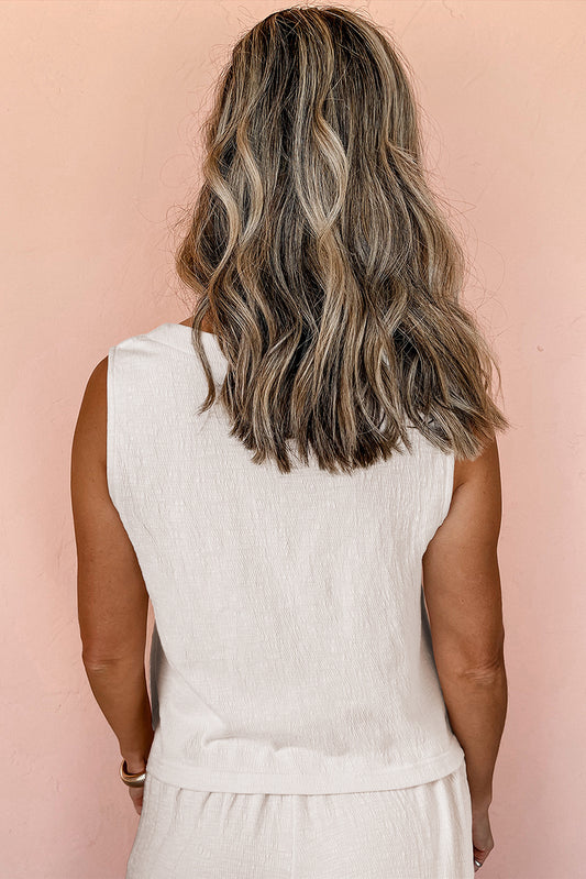 Apricot Buttoned V Neck Tank Top and Wide Leg Pants Casual Outfit