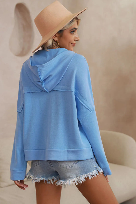Sky Blue Casual Button Solid Patchwork Trim Hoodie - Chic Meadow Boutique