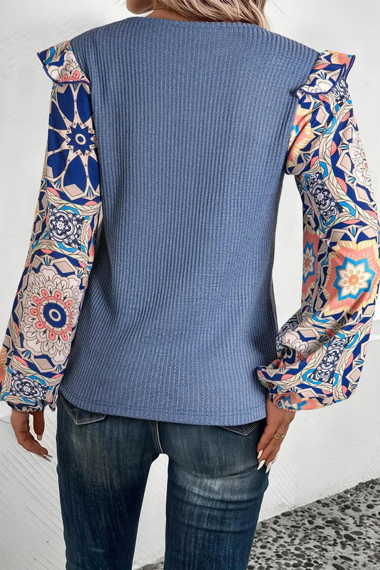 Tops/Blouses & Shirts Ashleigh Blue Ruffled Floral Sleeve Patchwork Waffle Knit O Neck Blouse